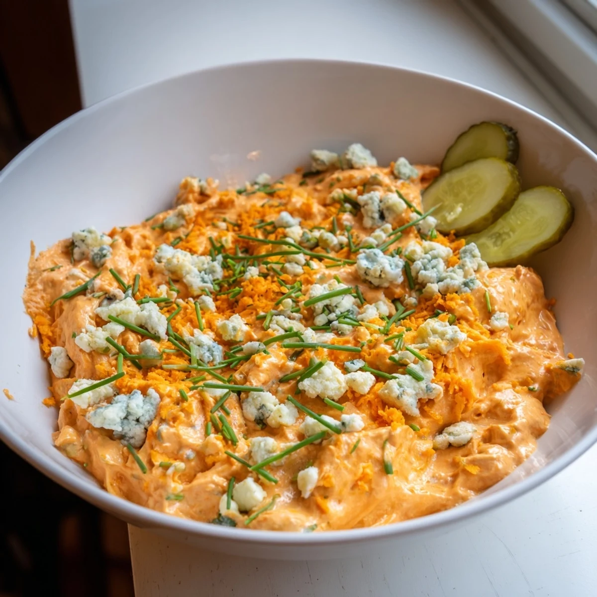 Creamy Buffalo Pickle Dip in a serving bowl with chips and fresh chives sprinkled on top