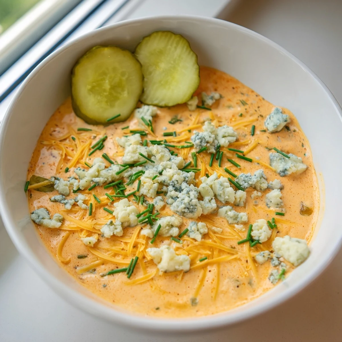 Tangy Buffalo Pickle Dip topped with pickle slices and served with crunchy vegetable sticks