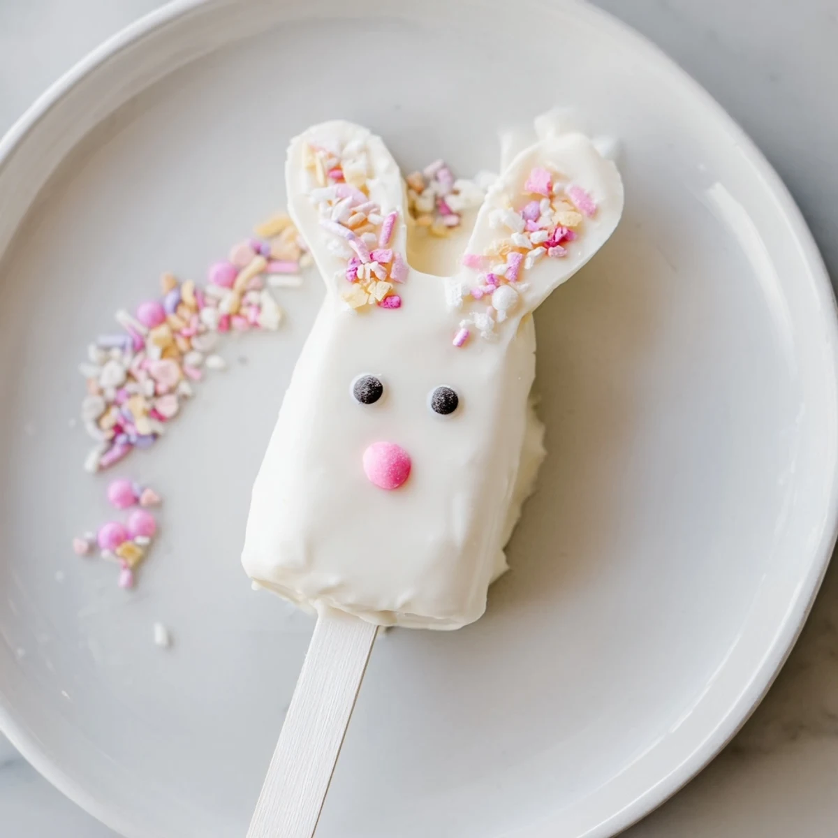 Creamy white chocolate bunny cakesicles decorated with sprinkles for festive Easter celebrations