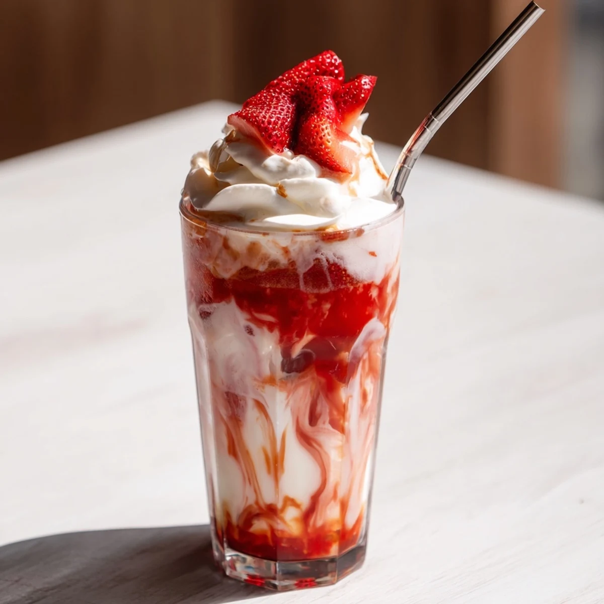 Creamy strawberry cold latte in a tall glass with whipped cream topping and fresh berry garnish