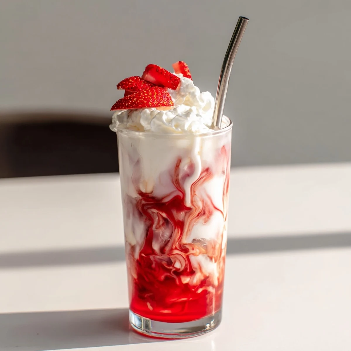 Iced strawberry cream latte with swirled coffee layers served over ice in a clear glass