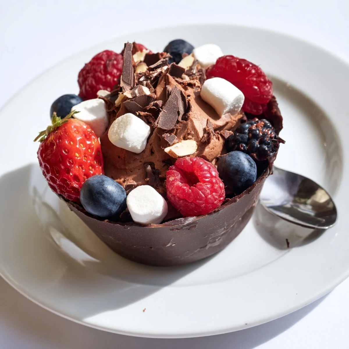 Elegant chocolate grazing cups filled with creamy mousse and topped with fresh berries