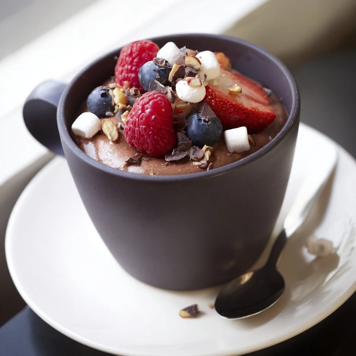 Decadent chocolate grazing cups topped with mixed berries nuts and chocolate curls