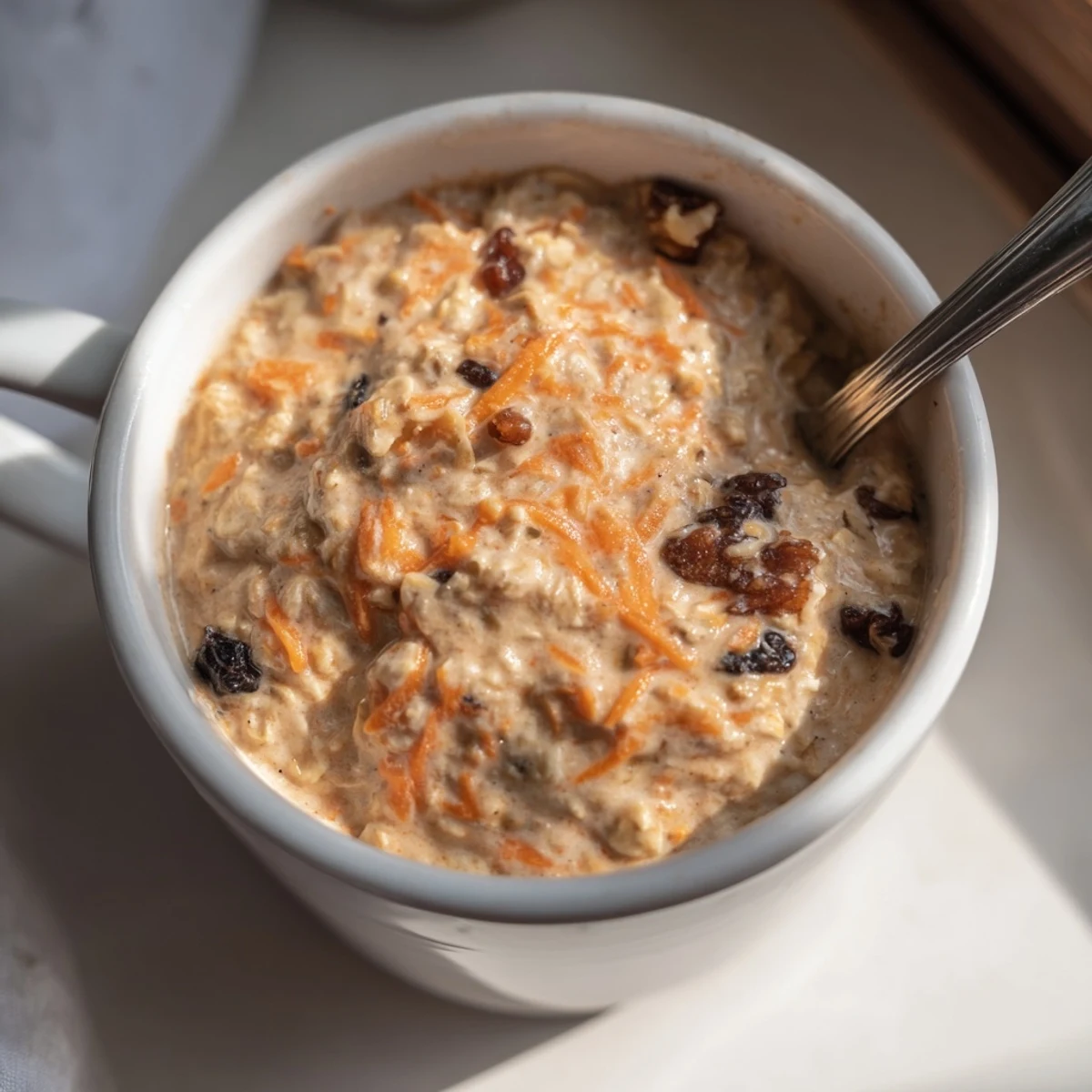 Creamy carrot cake overnight oats in a glass jar topped with crunchy walnuts and a sprinkle of warm cinnamon