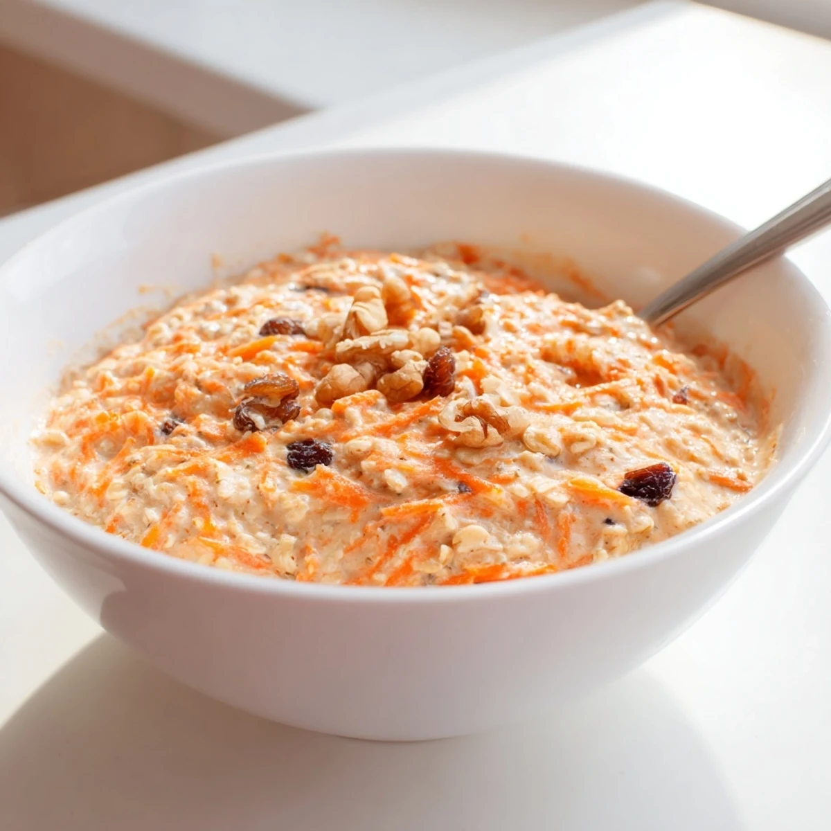 Carrot cake overnight oats served chilled in a bowl with grated carrots, raisins, and a dollop of Greek yogurt