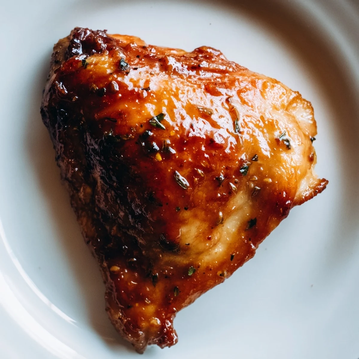 Glistening savory glazed chicken with herb rice and golden crispy potatoes on a white plate
