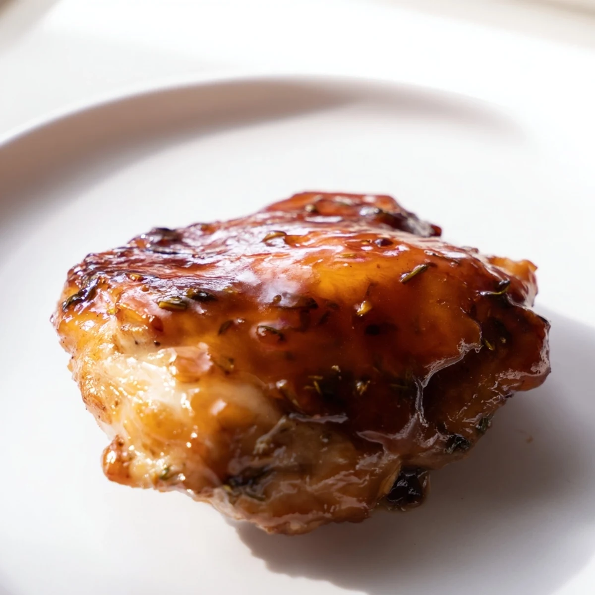 Savory glazed chicken thighs dripping with glossy sauce beside fluffy green herb rice