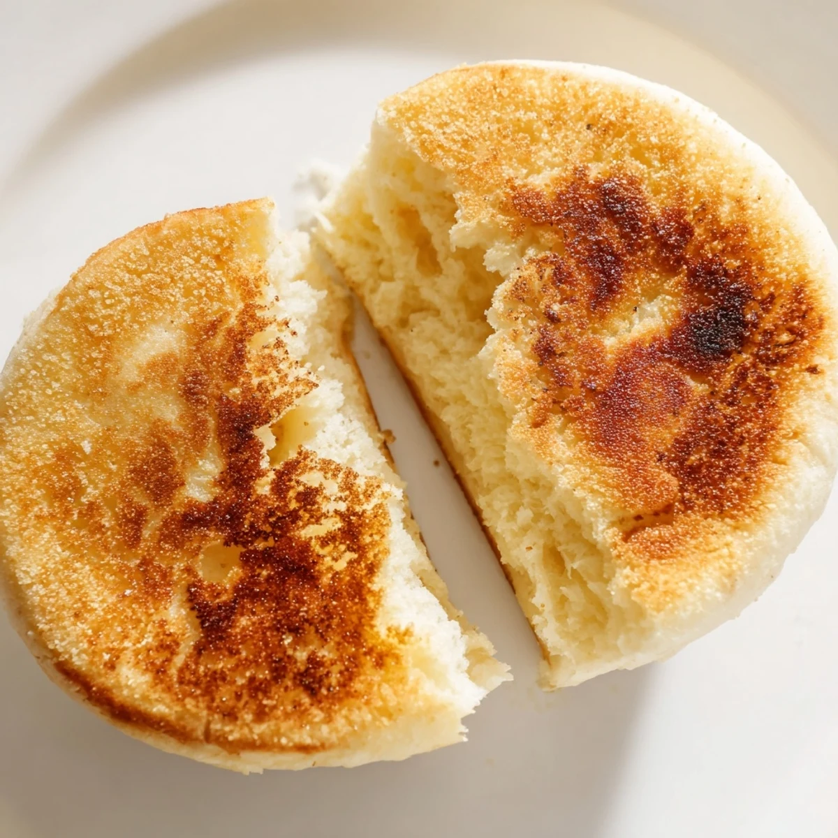 Golden homemade English muffins with cornmeal dusting stacked on a wooden cutting board ready to split