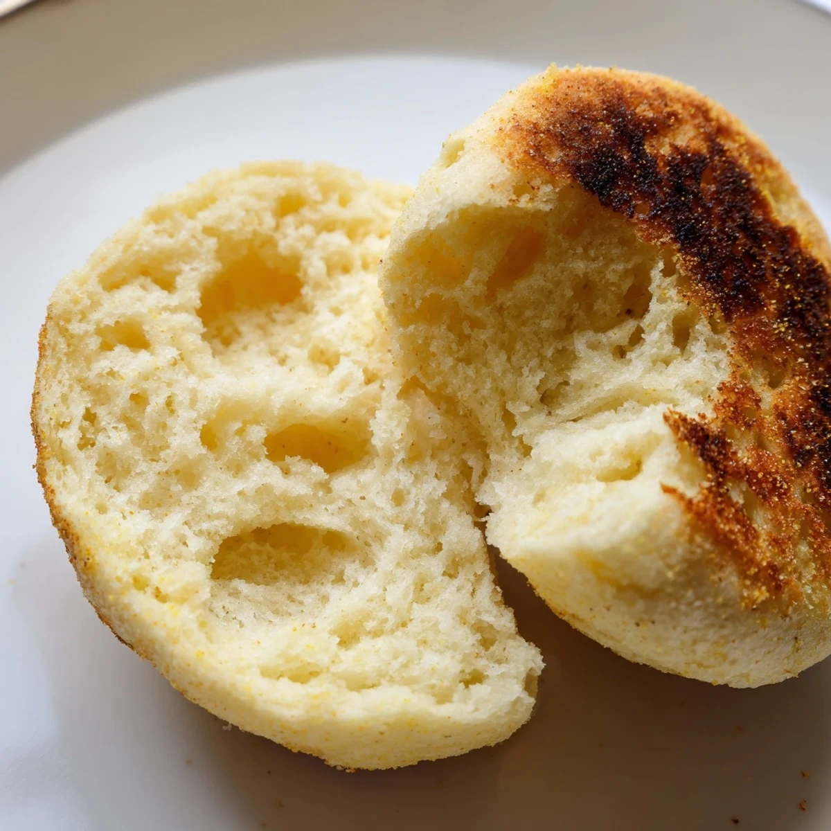 Toasted homemade English muffins split open revealing airy nooks and crannies topped with melting butter
