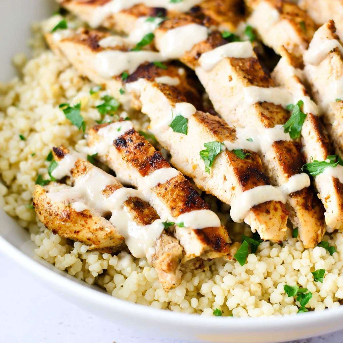 Golden Mediterranean chicken couscous bowl drizzled with creamy tahini sauce and fresh vegetables