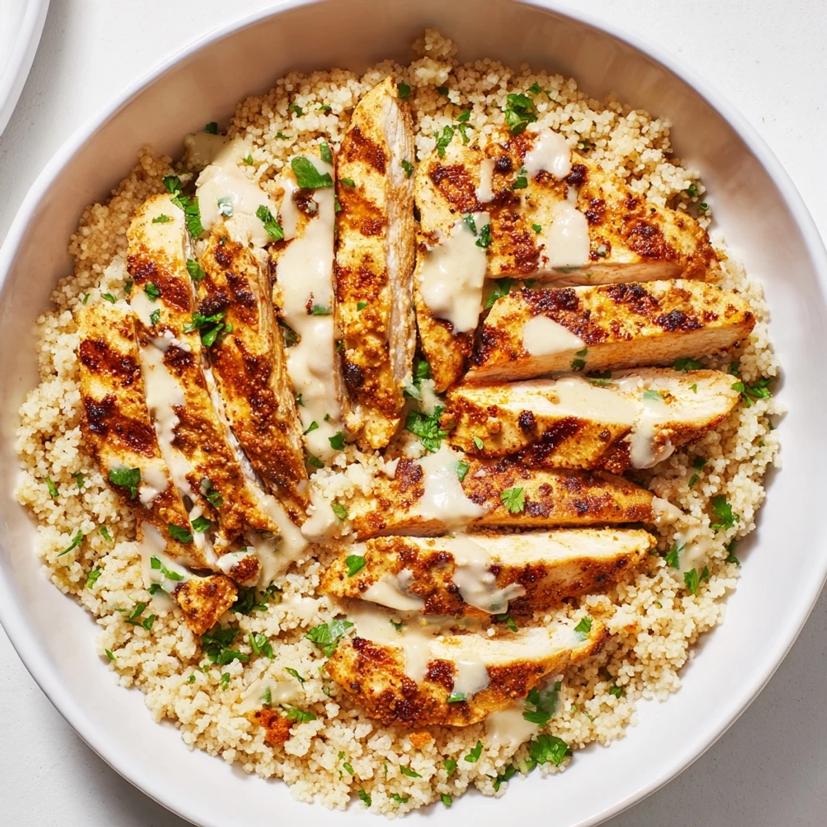 Colorful Mediterranean chicken couscous bowl topped with tender spiced chicken and crisp cucumber