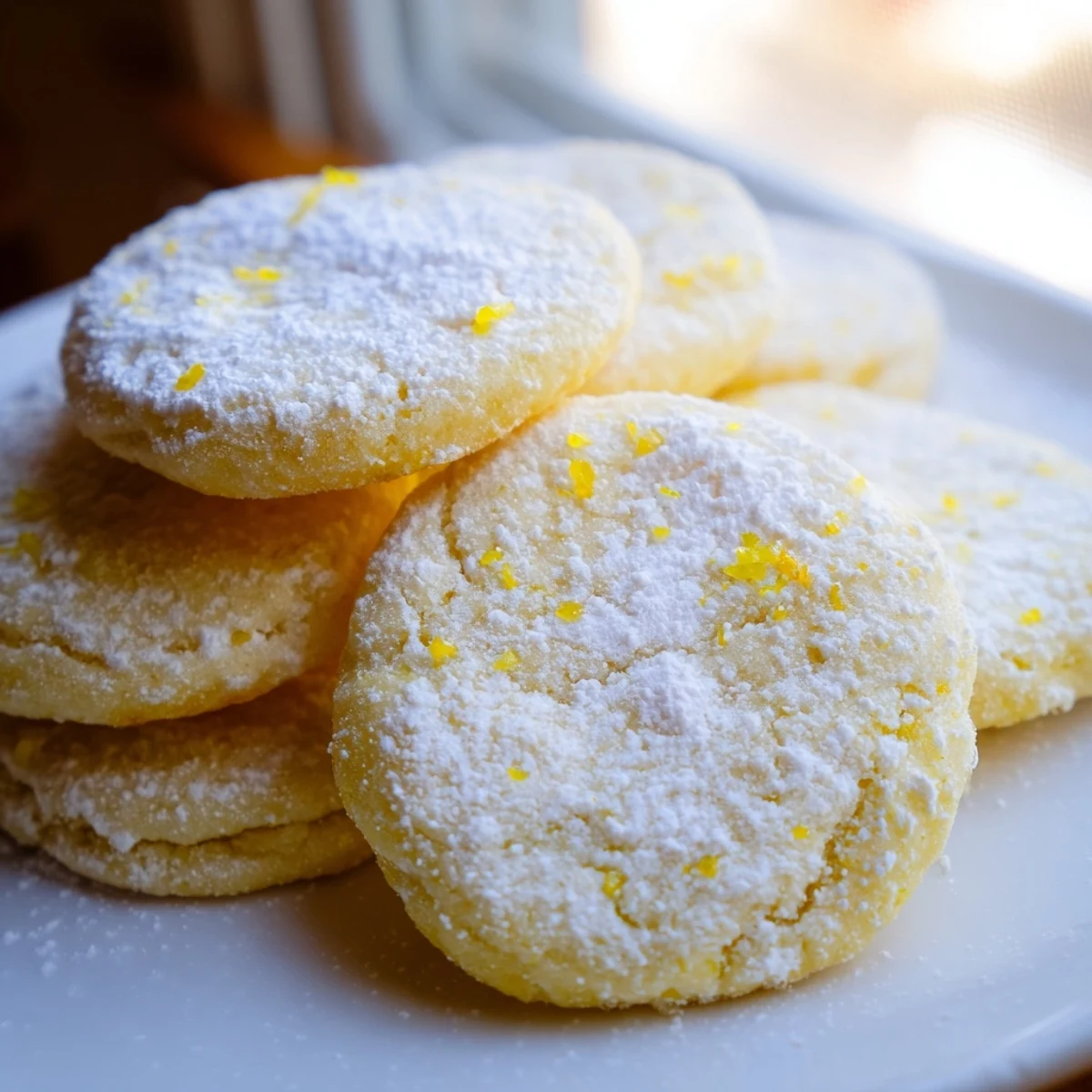 Powdered sugar coated Lemon Meltaways arranged on rustic wooden board beside steaming teacup