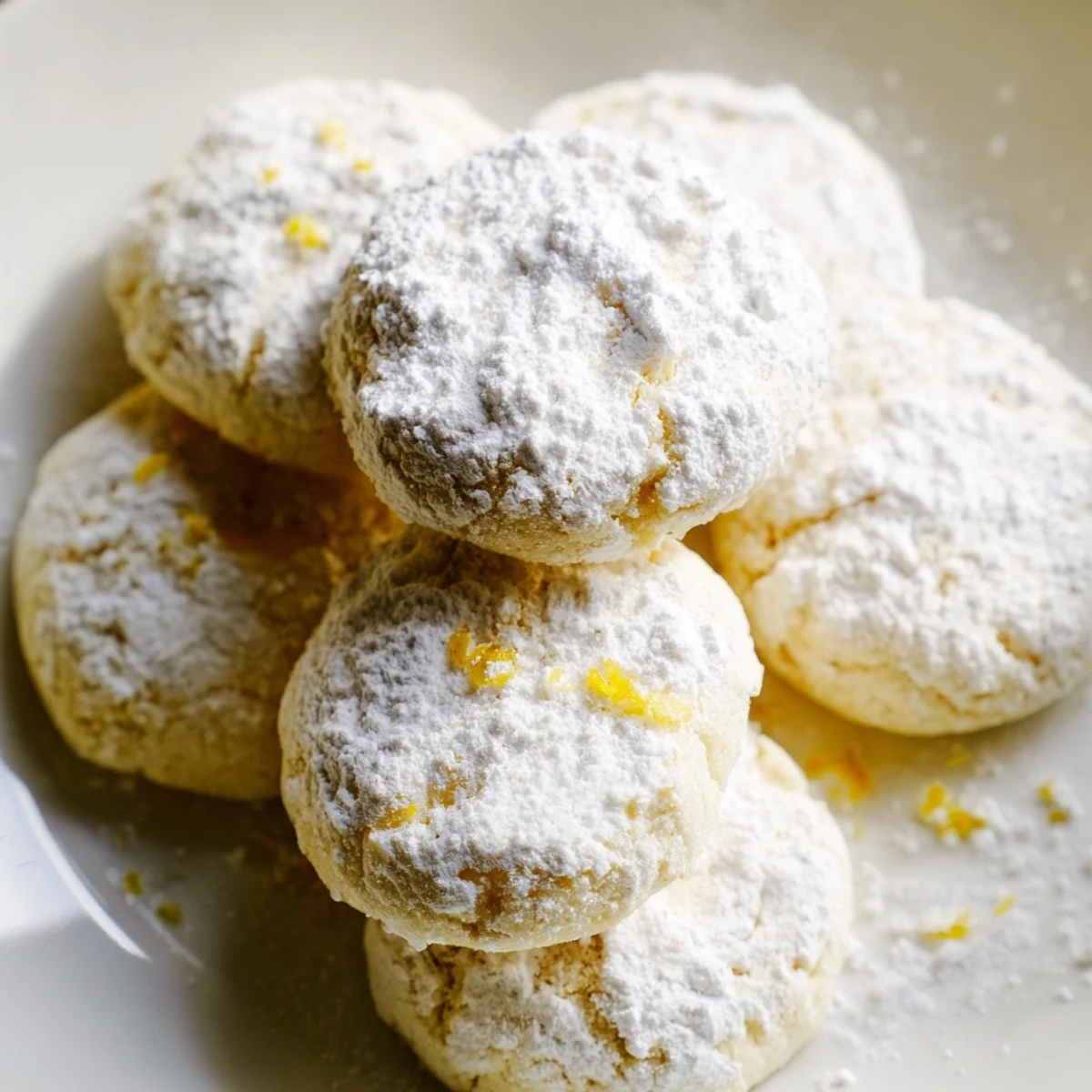 Golden Lemon Meltaways dusted with snowy powdered sugar stacked beside fresh lemon wedges