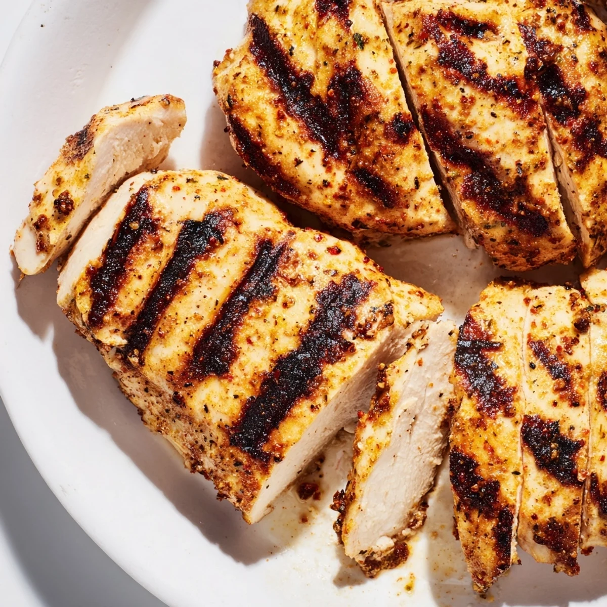 Juicy grilled Greek yogurt marinated chicken topped with parsley and lemon wedges