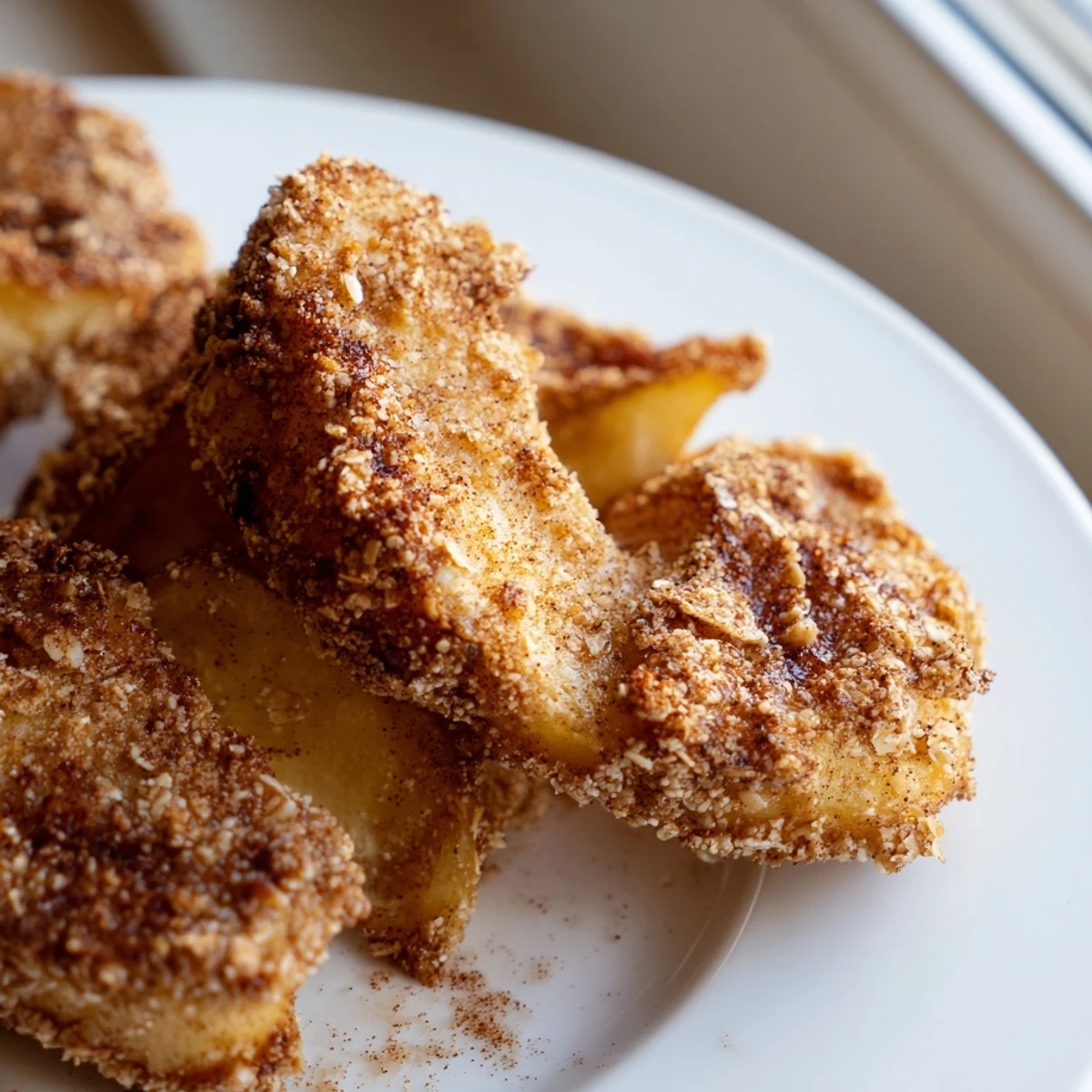 Golden crispy air fryer apple slices coated in warm cinnamon sugar on a white plate