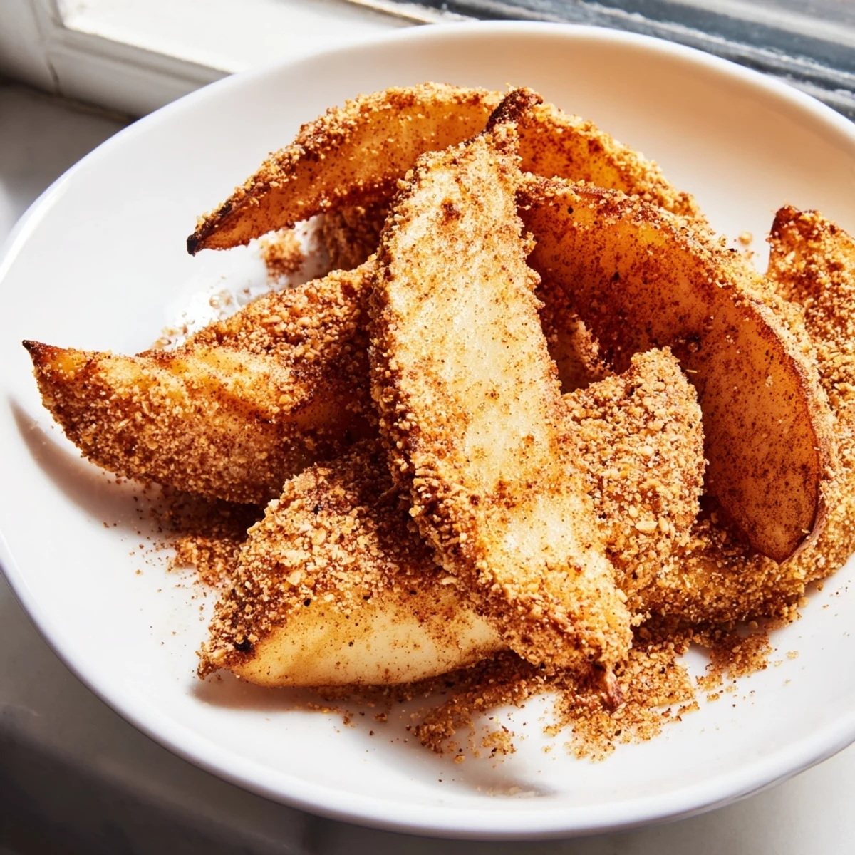 Crispy air fryer apples with crunchy oat topping served alongside creamy vanilla ice cream