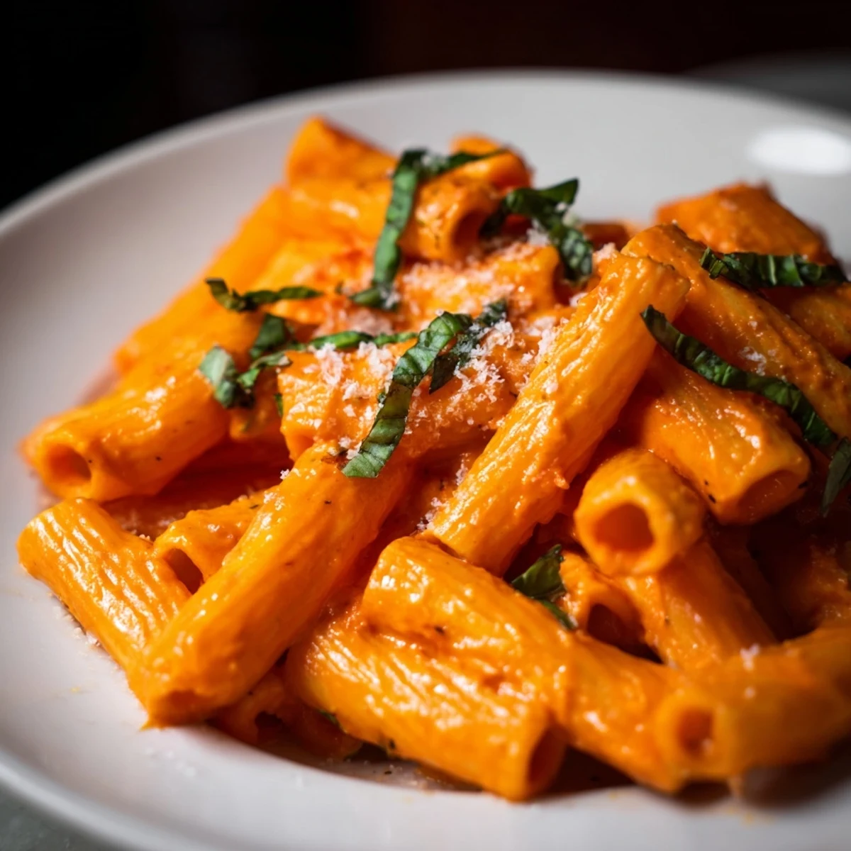 Creamy roasted red pepper pantry pasta in a white bowl with fresh basil garnish