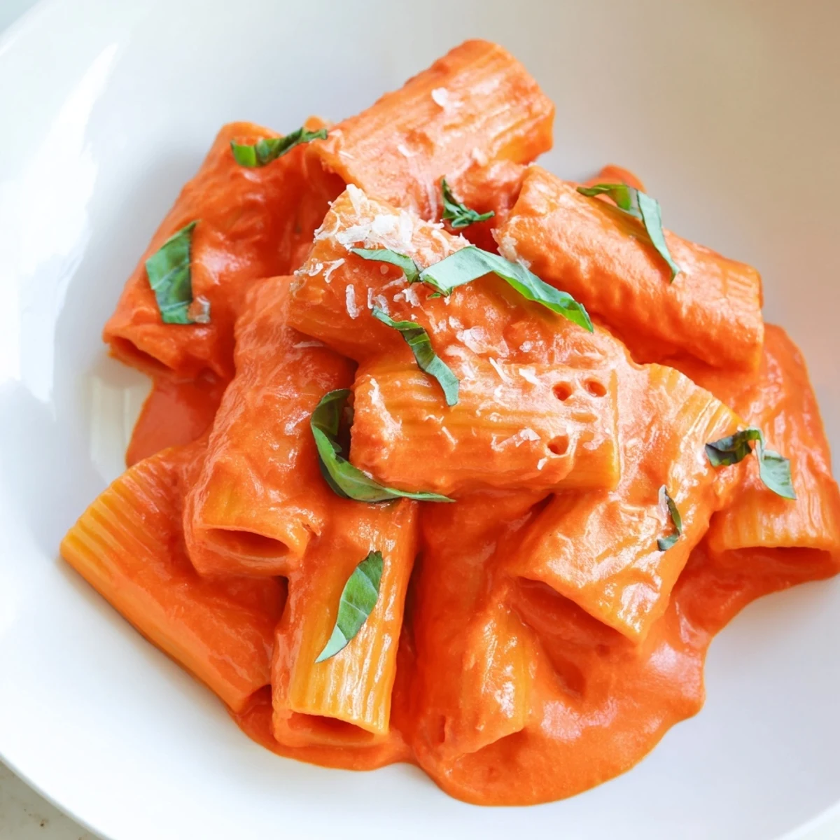 Vibrant orange roasted red pepper pantry pasta tossed with penne and sprinkled Parmesan