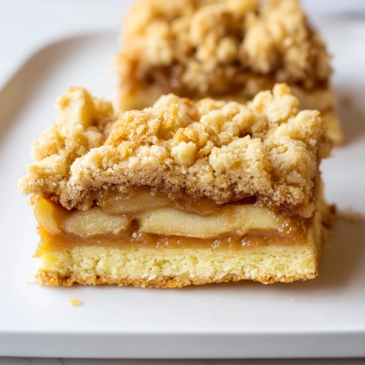 Golden caramel apple crumb bars with buttery streusel topping on a rustic baking sheet