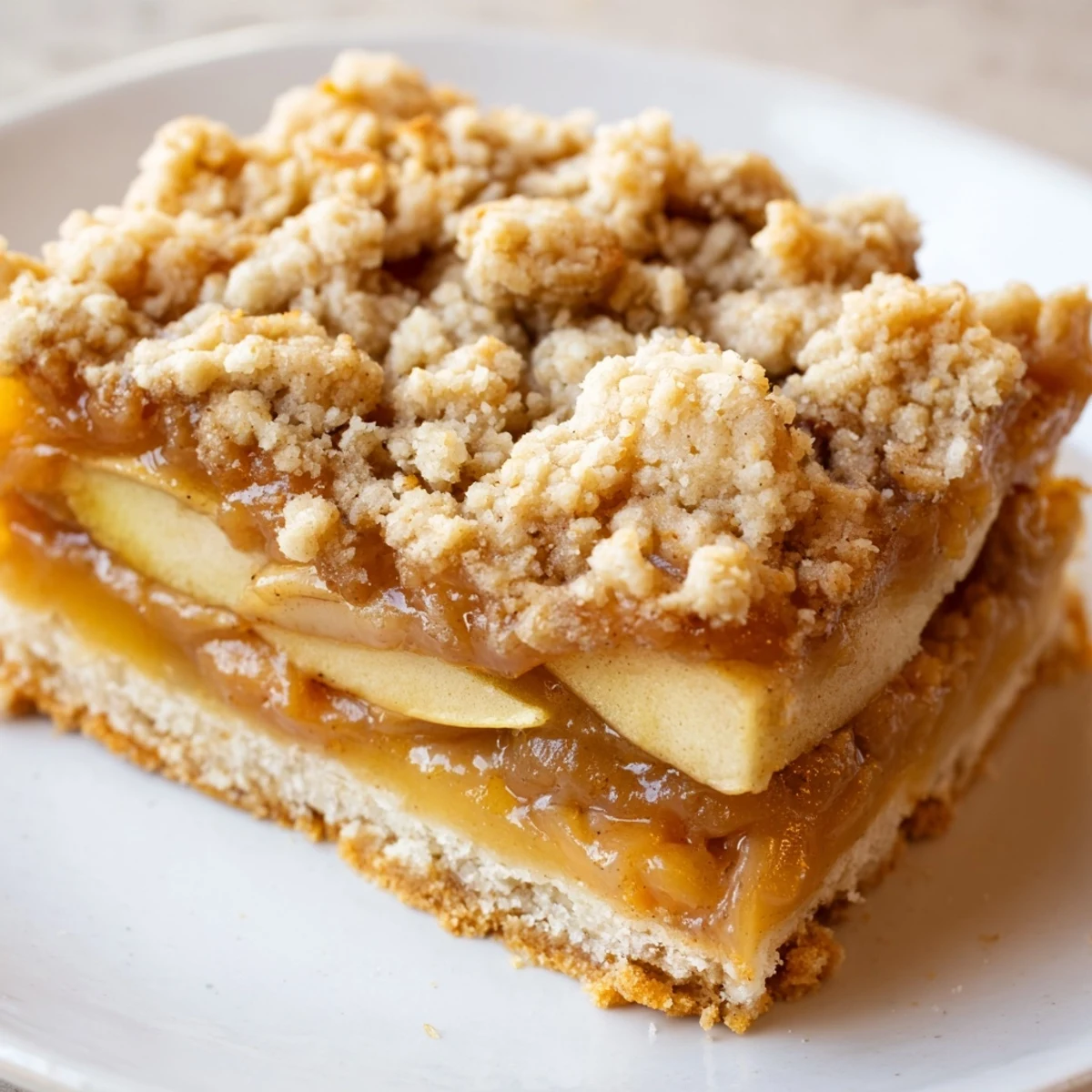 Warm caramel apple crumb bars cut into squares drizzled with gooey caramel sauce