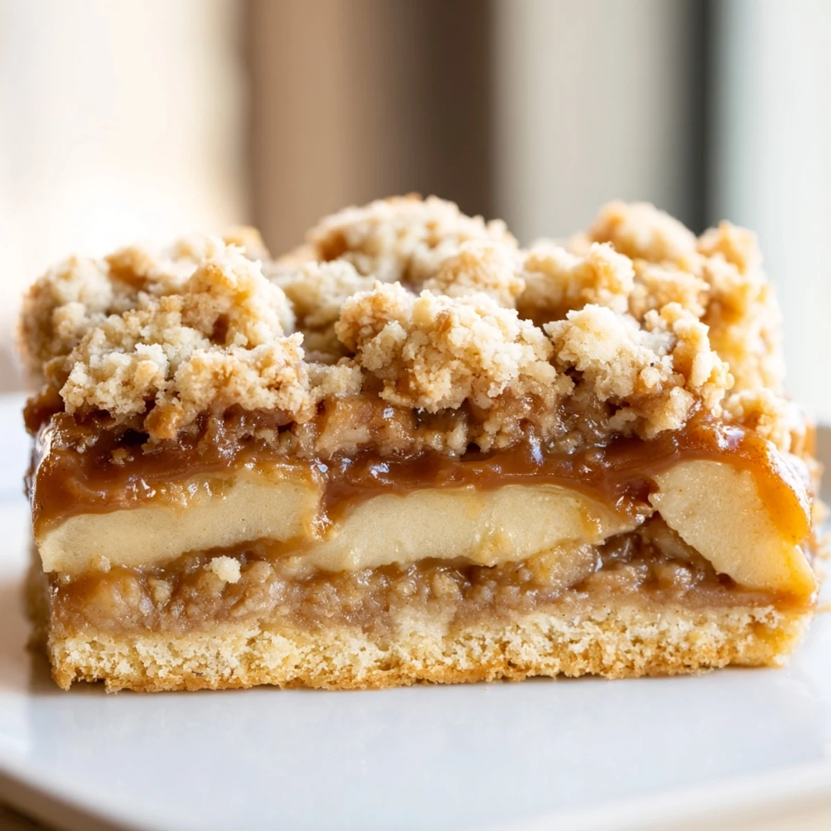 Chewy caramel apple crumb bars nestled in parchment showcasing cinnamon spiced apple filling