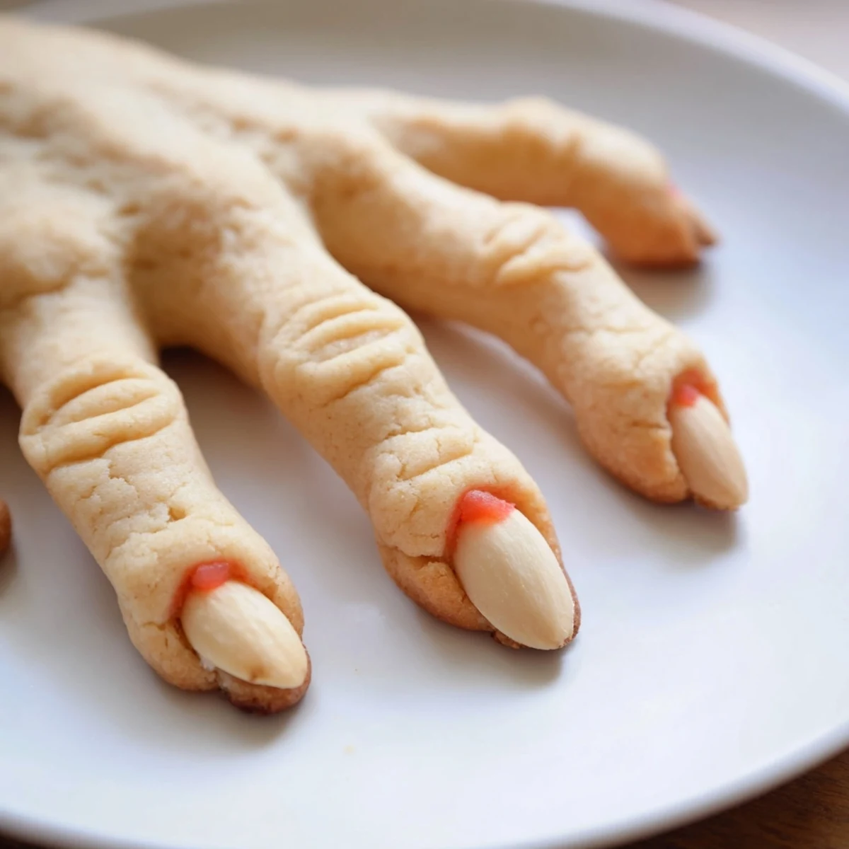 Creepy Witch Finger Cookies with bloody almond nails on a rustic baking sheet