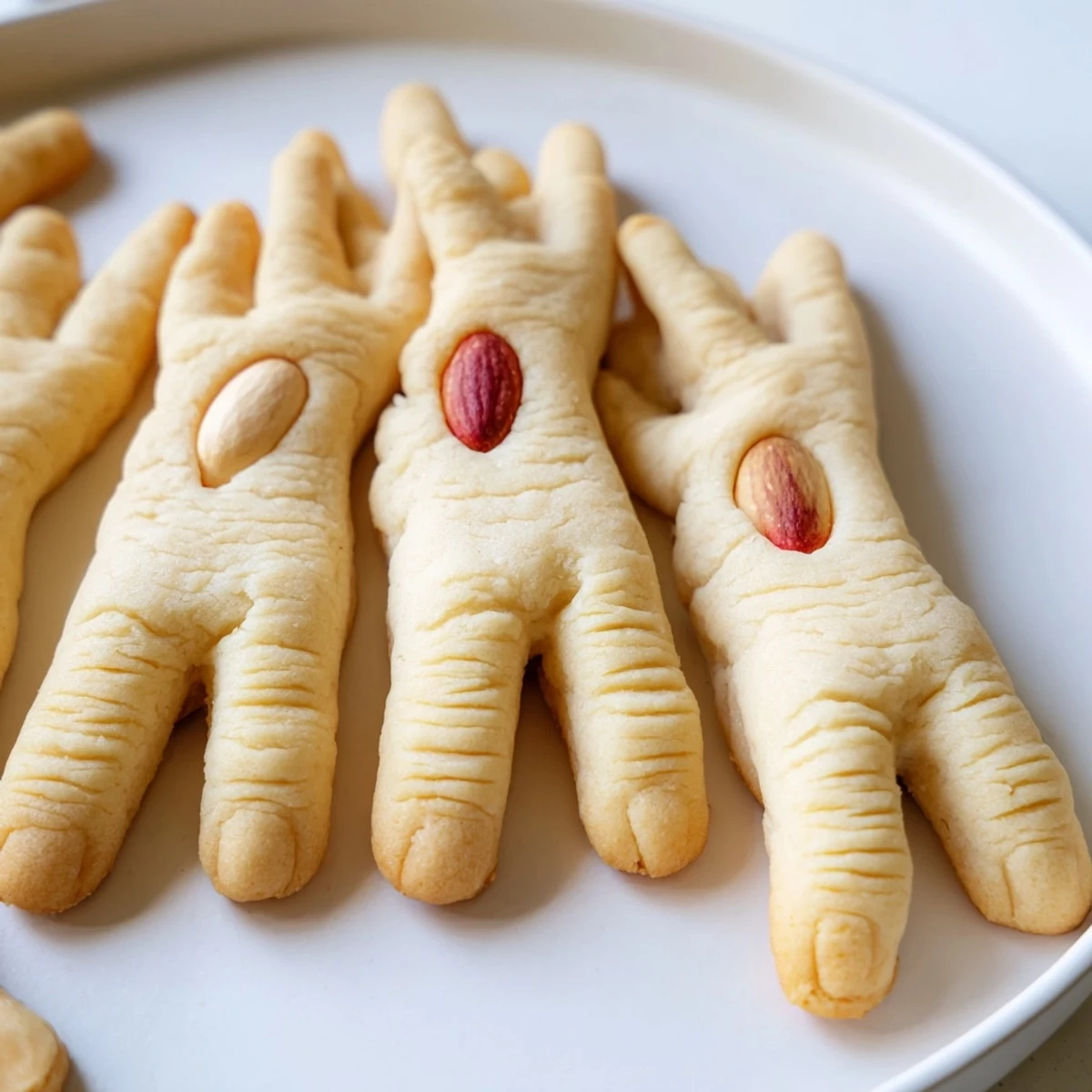 Golden creepy Witch Finger Cookies arranged on parchment with red jam details