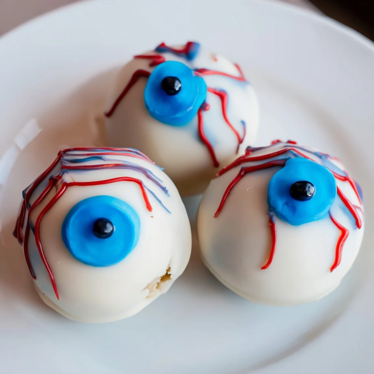 Halloween Cake Eyeballs with red veins and colorful irises on a dark platter