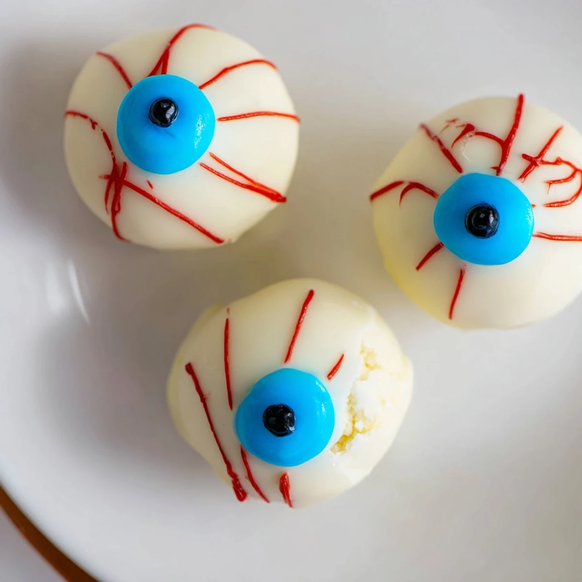 Chilled Halloween Cake Eyeballs arranged on parchment with spooky red gel veins