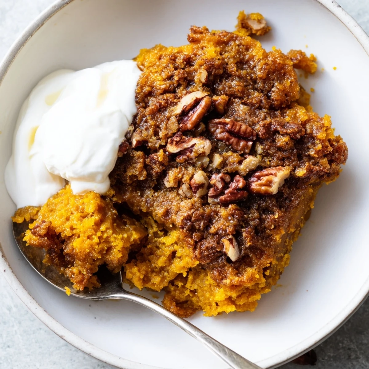 Golden pumpkin dump cake with warm spices scooped into a rustic baking dish