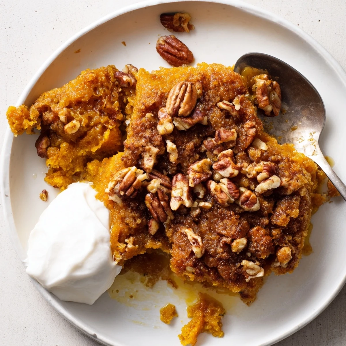 A generous slice of pumpkin dump cake garnished with whipped cream and cinnamon