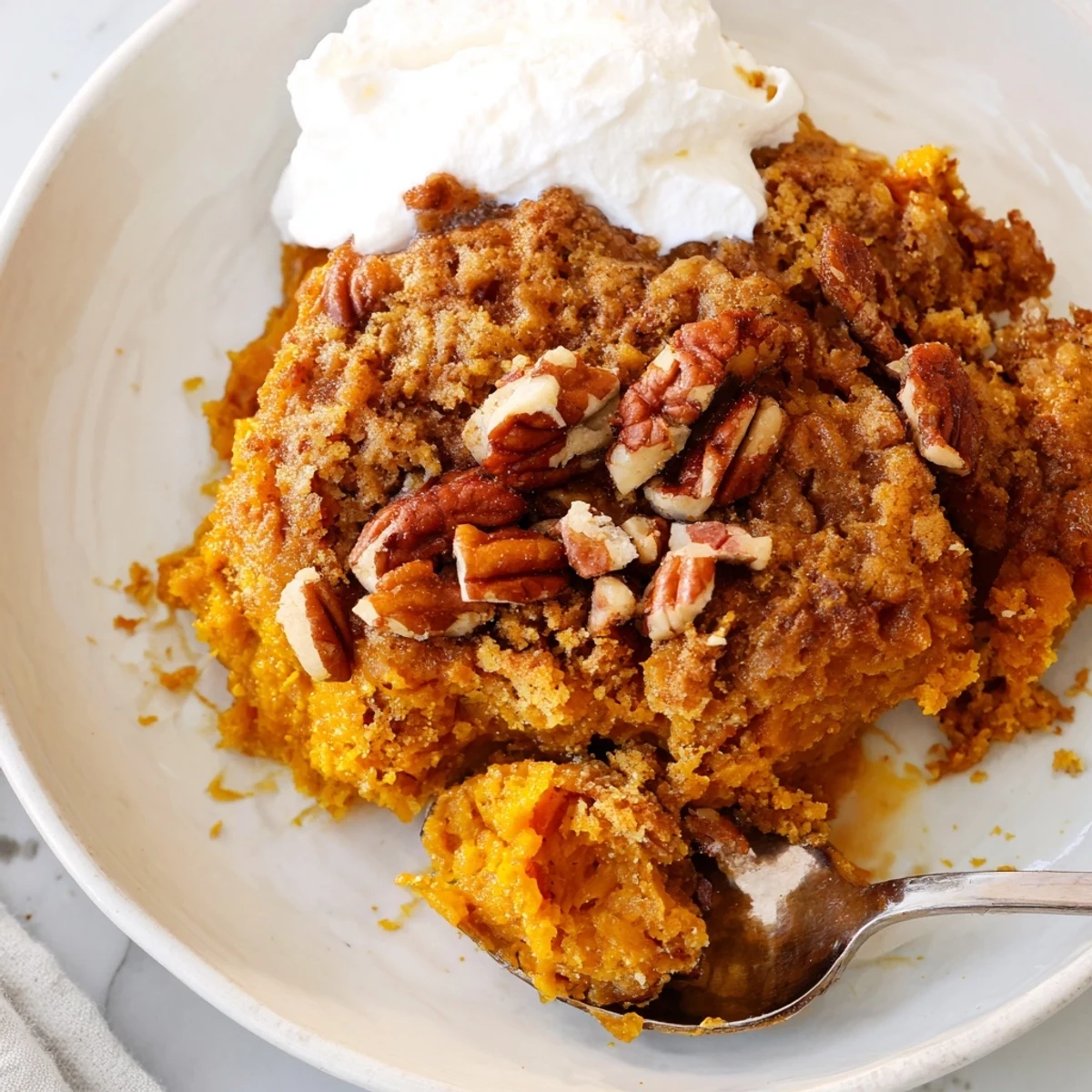 Creamy pumpkin dump cake topped with buttery pecan crumbs and served warm