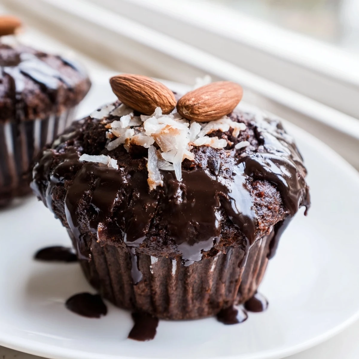 Moist gluten-free Flourless Almond Joy Cupcakes with coconut filling oozing from every decadent chocolate bite
