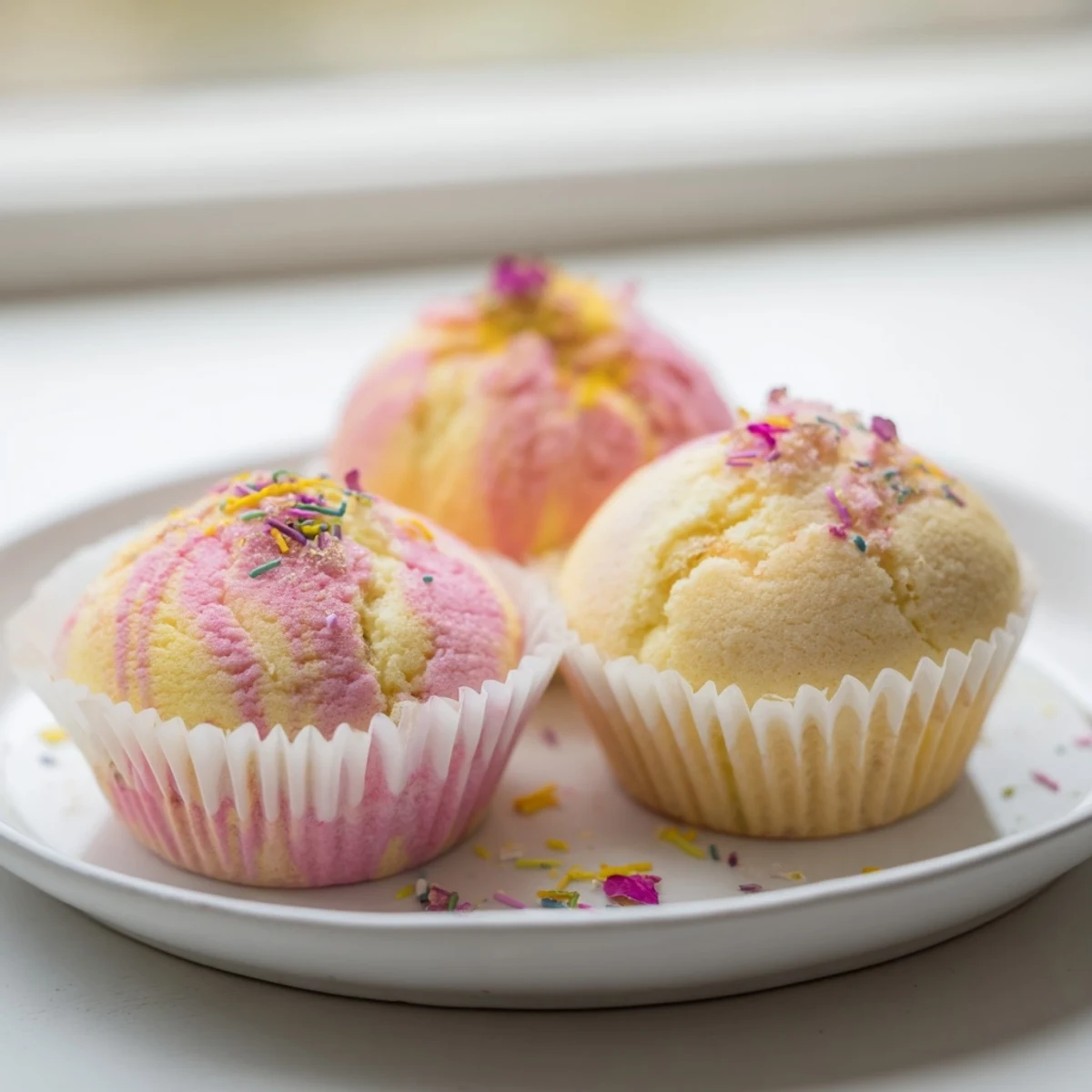 Fluffy Steamed Blooming Cupcakes swirled with pink batter and topped with sprinkles