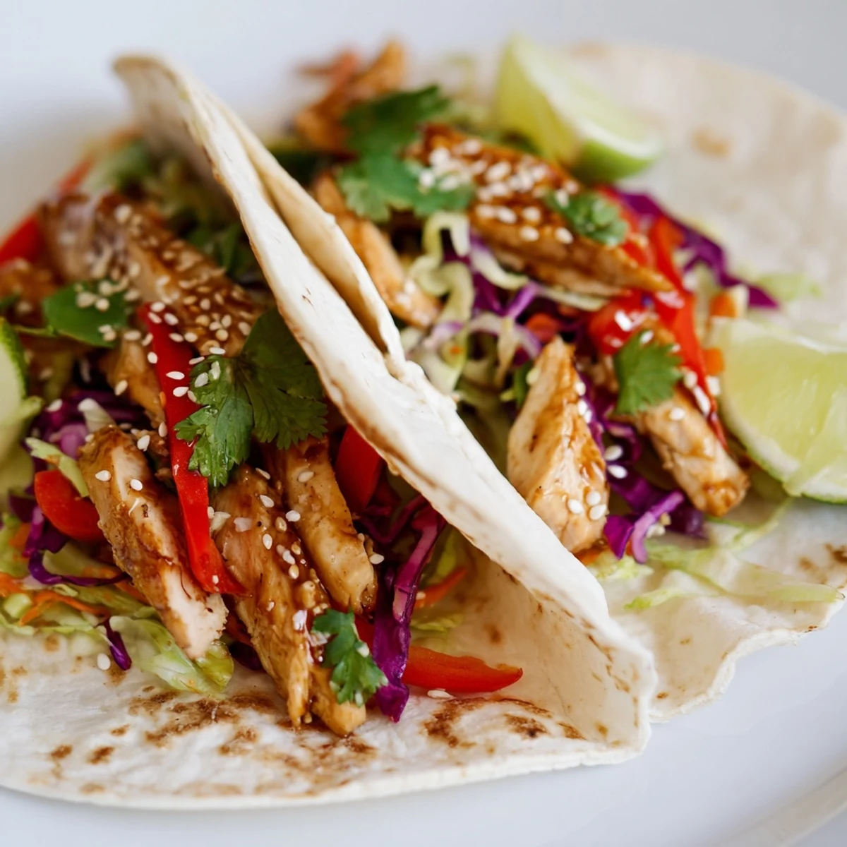 Juicy sliced chicken and crunchy Asian slaw wrapped in a warm flour tortilla for Thai chicken wraps.