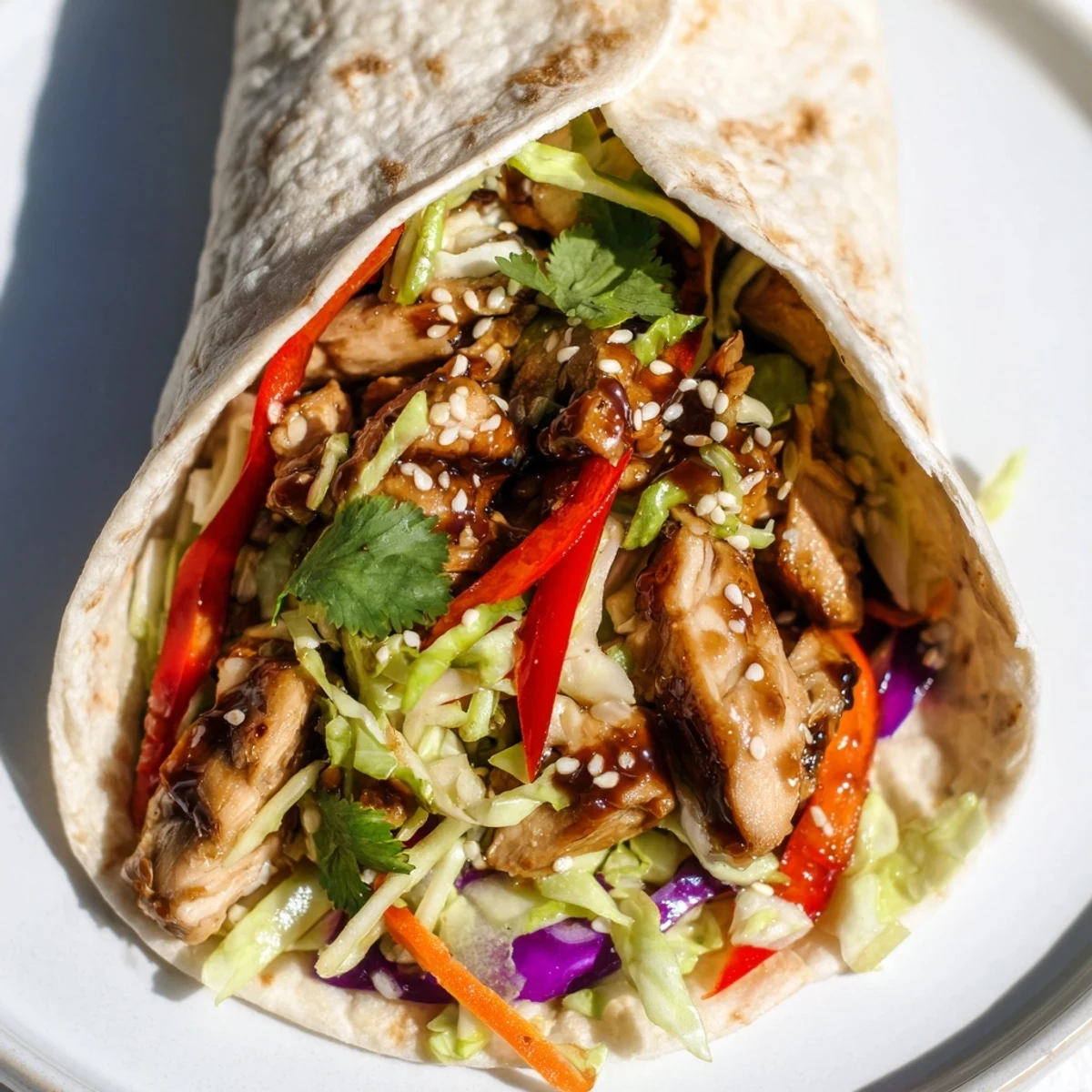 Soft tortilla rolled around savory marinated chicken and crisp vegetables in these Thai chicken wraps.