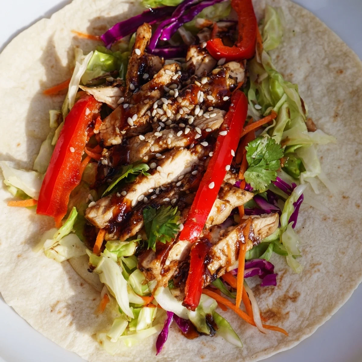A close-up of Thai chicken wraps filled with colorful cabbage slaw, tender chicken, and sesame seeds.