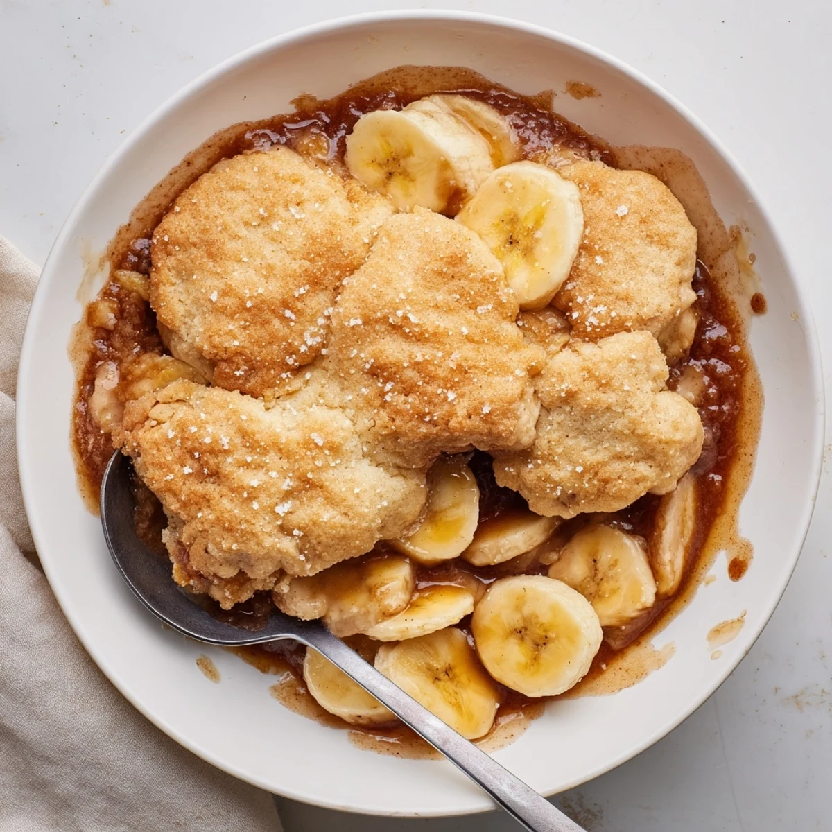 Golden Southern banana cobbler bubbling beneath a buttery, sugar-sprinkled topping