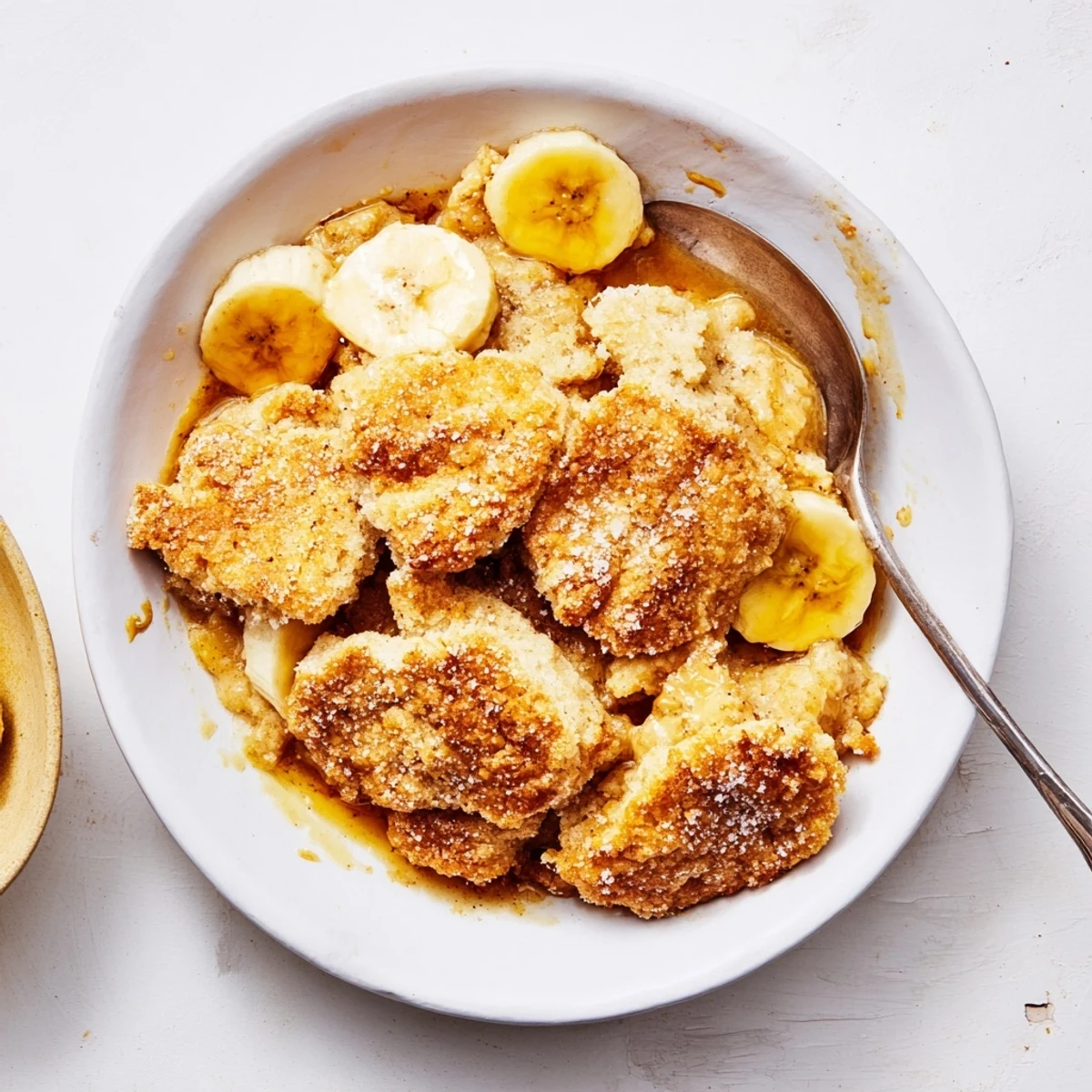 Ripe banana slices peeking through golden cobbler crust fresh from the oven