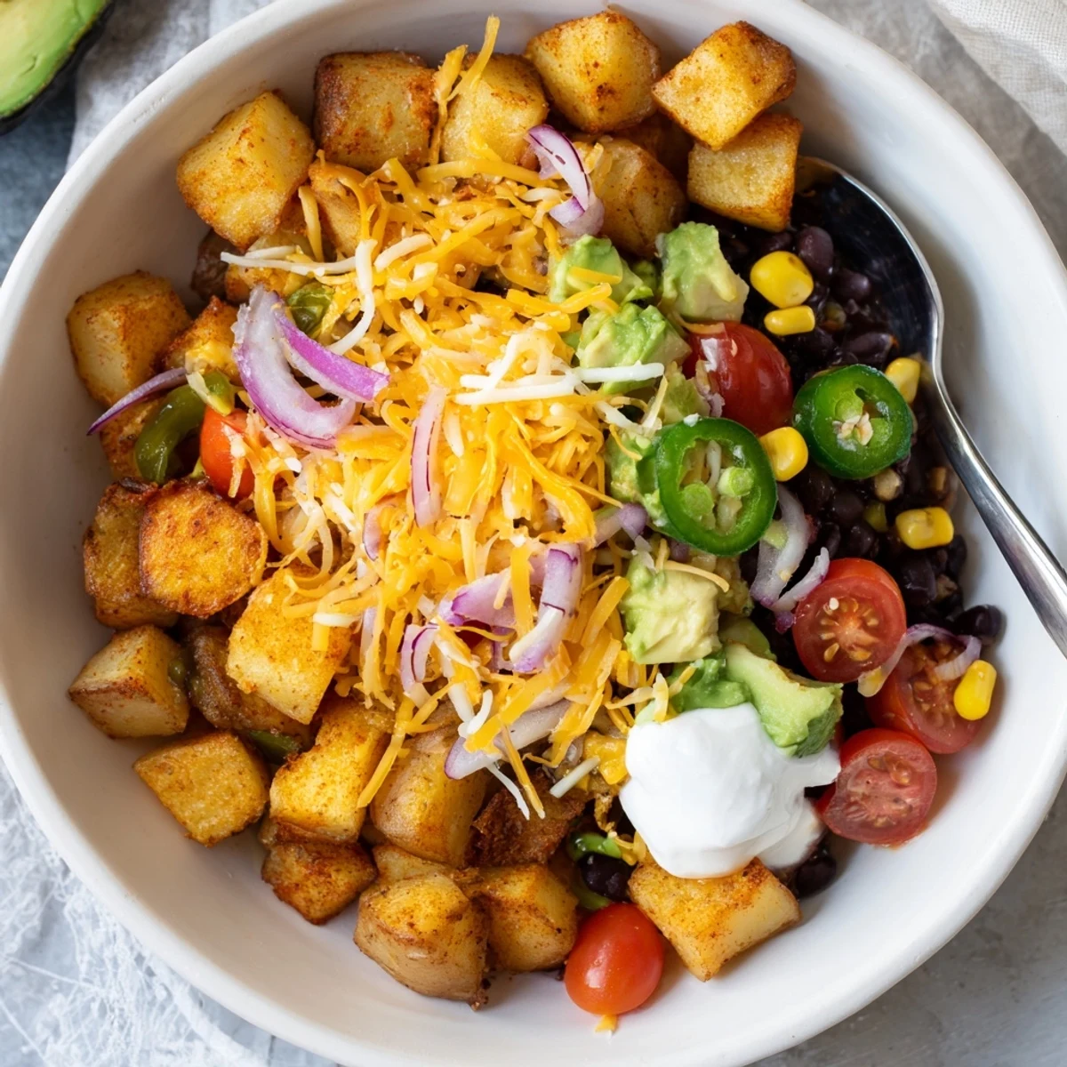 Golden crispy potatoes in a loaded fiesta potato bowl topped with melted cheddar and fresh avocado.