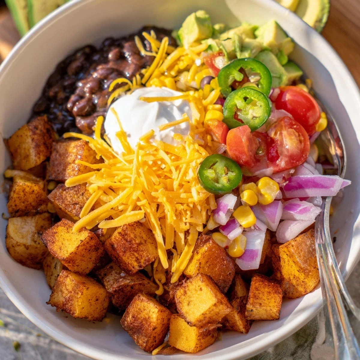 Warm loaded fiesta potato bowl drizzled with sour cream over crispy spiced potatoes and sweet corn.