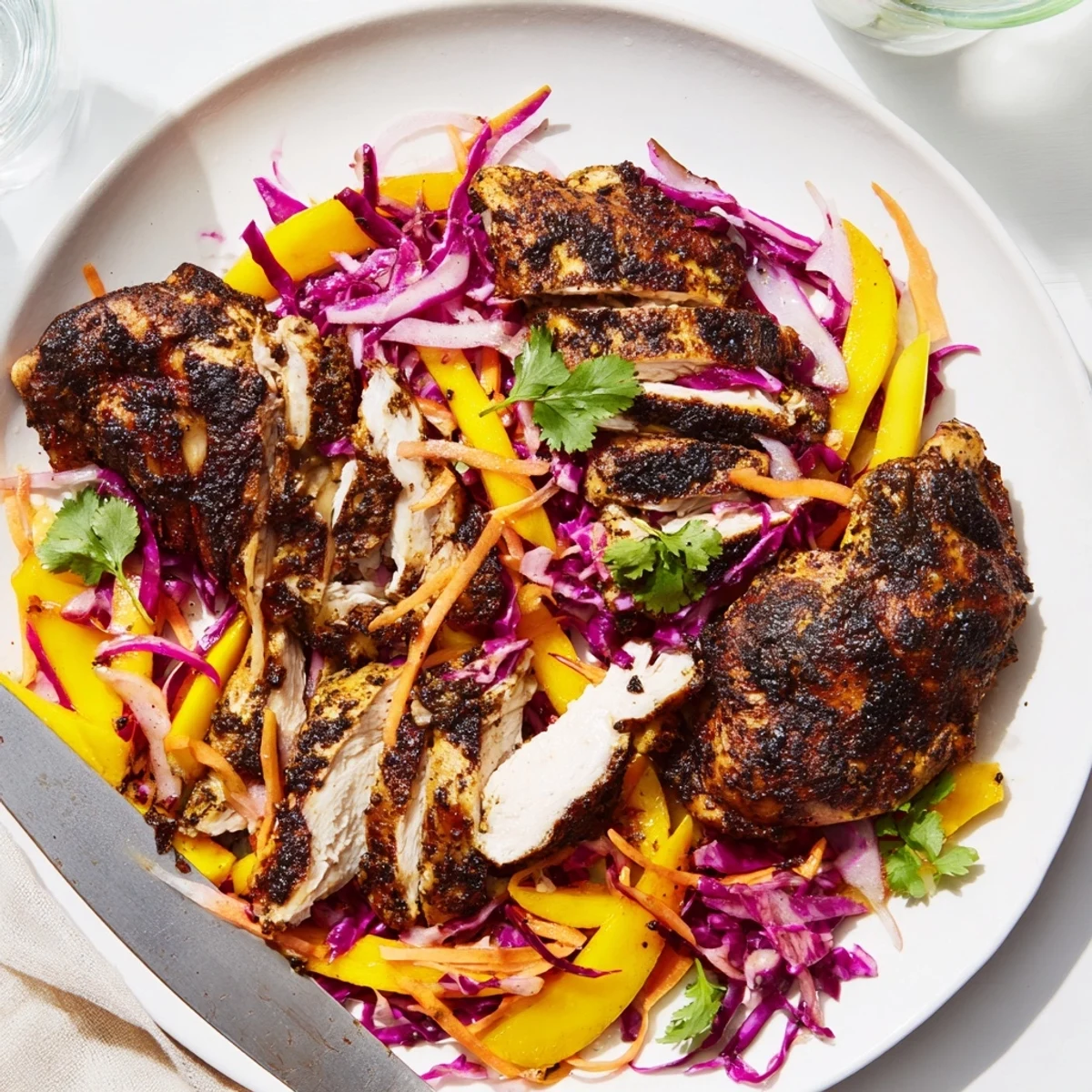 Charred spicy jerk chicken sliced over vibrant mango slaw on a white plate.