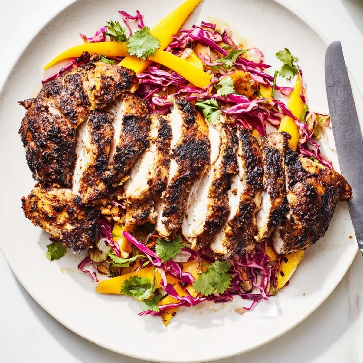 Smoky grilled jerk chicken thighs paired with crisp sweet mango slaw for summer.