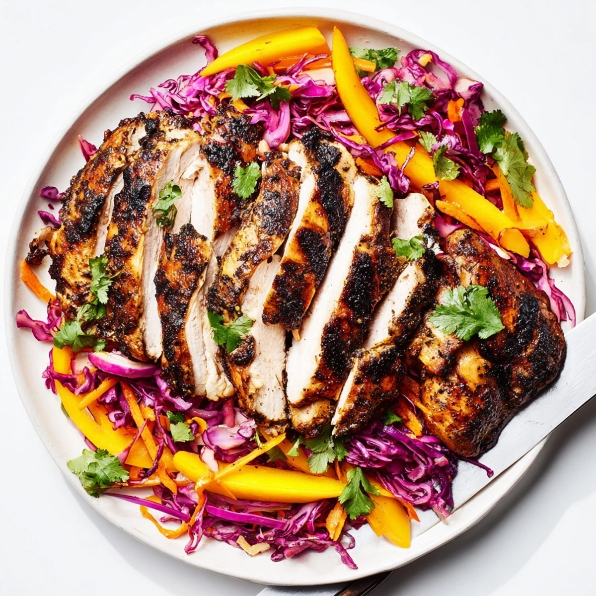 Golden spicy jerk chicken resting beside a colorful mango and cabbage slaw.