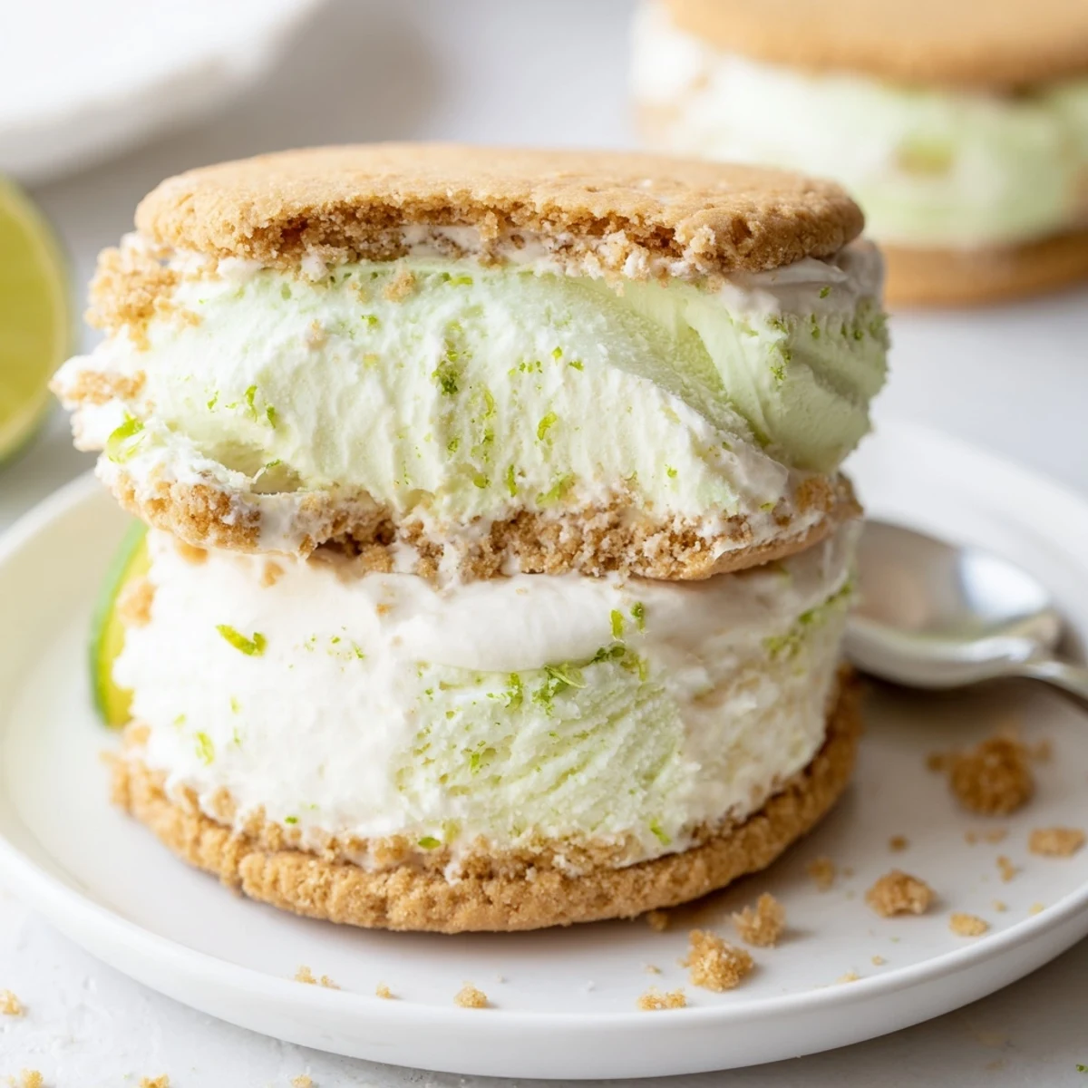 Chilled Key Lime Pie Ice Cream Sandwiches rolled in crushed graham cracker edges.