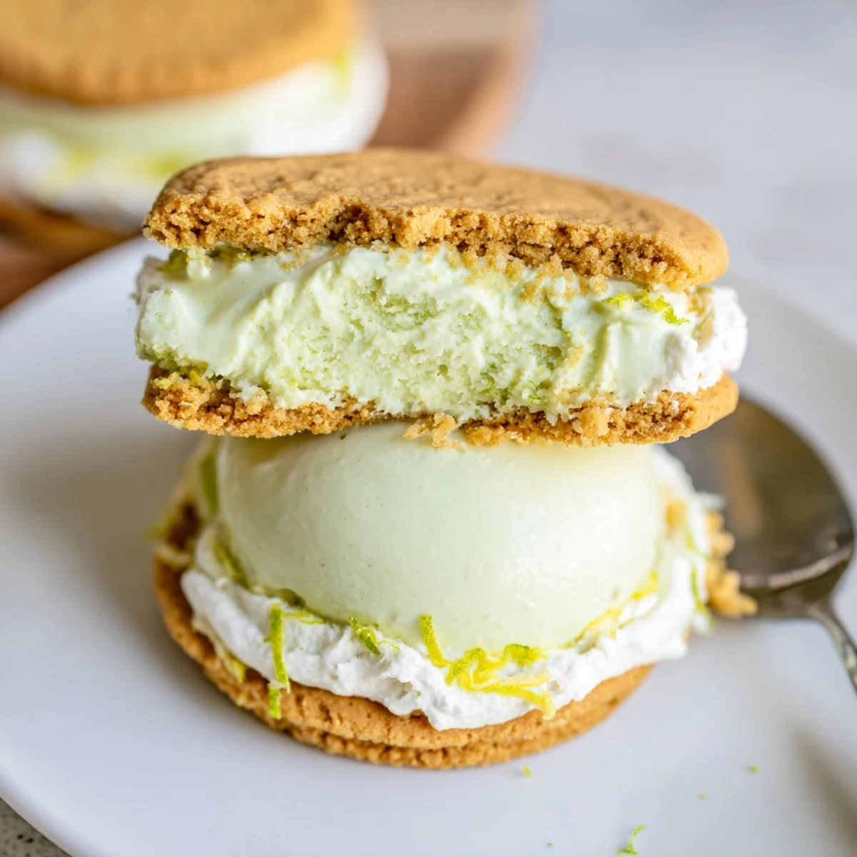 Creamy, tangy Key Lime Pie Ice Cream Sandwiches on golden graham cookies.