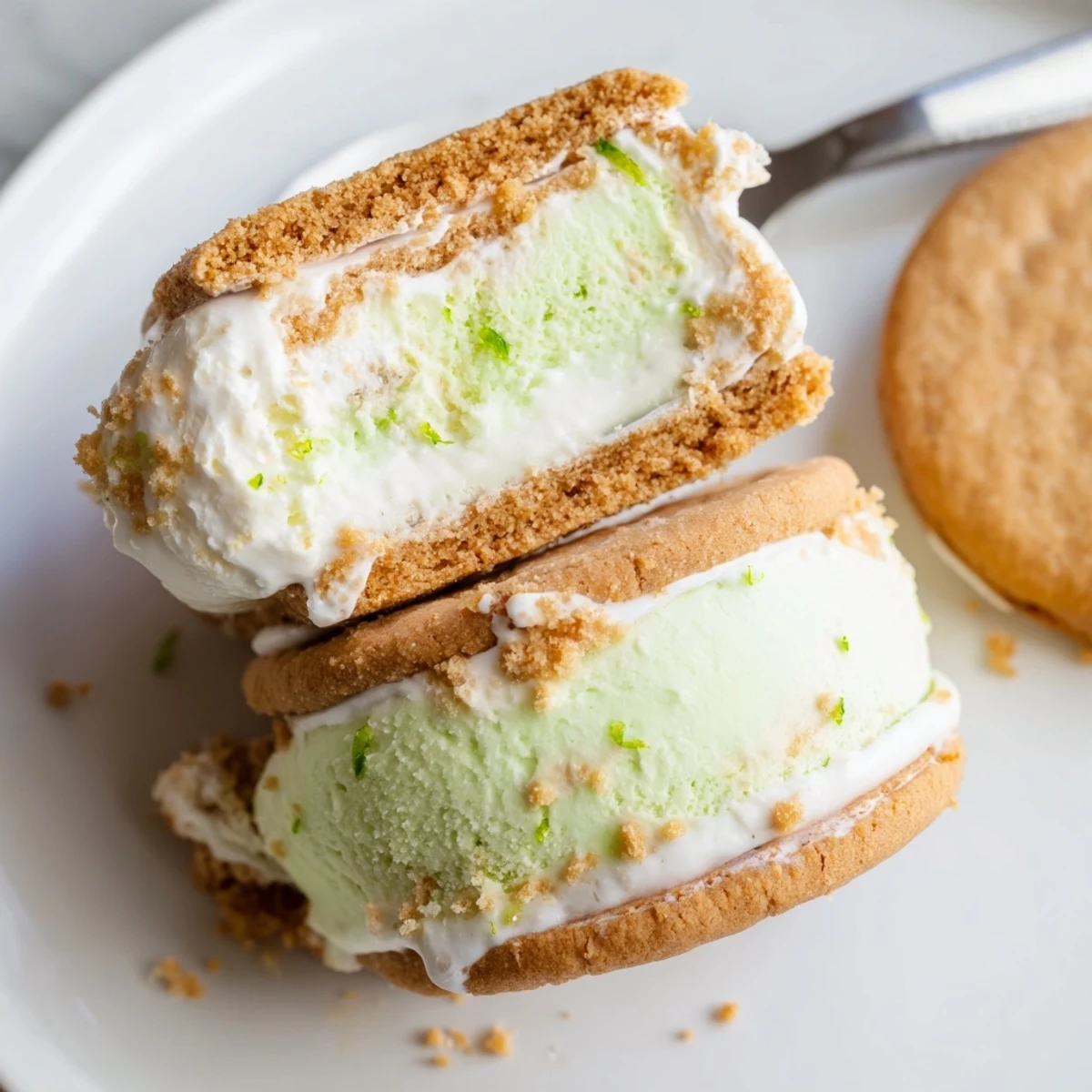 Bright, zesty Key Lime Pie Ice Cream Sandwiches halved to reveal smooth filling.