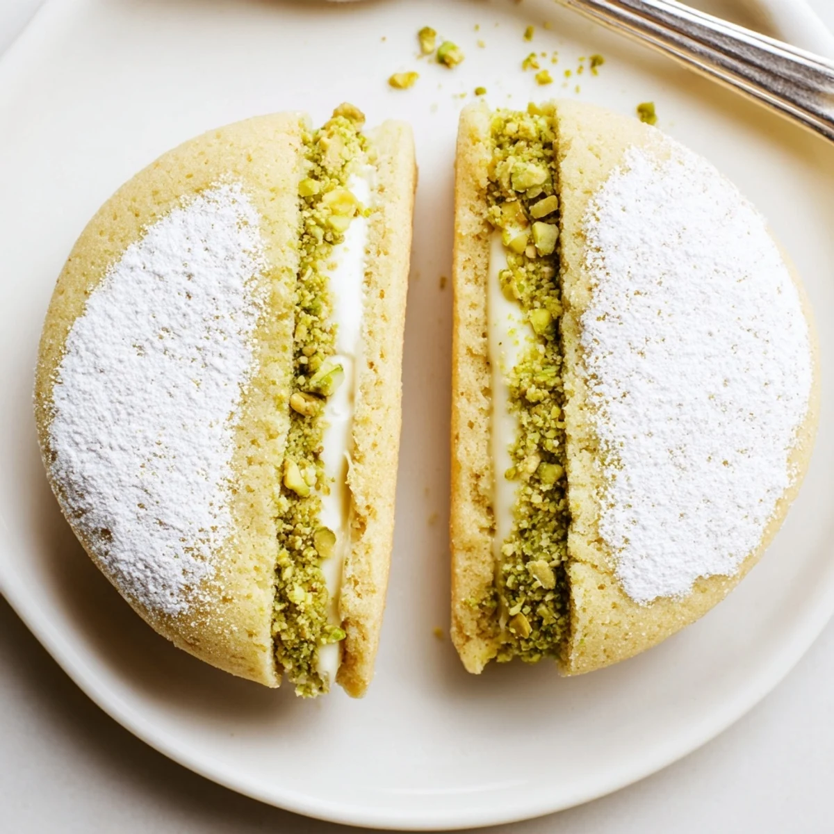 Golden teatime sandwiches of Pistachio Cream Cookies Recipe with pale green filling