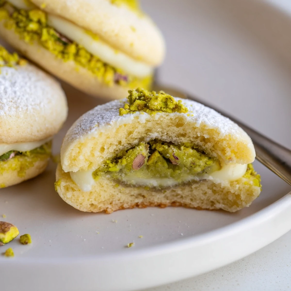 Close-up shows Pistachio Cream Cookies Recipe sandwich with chopped nuts and glossy cream