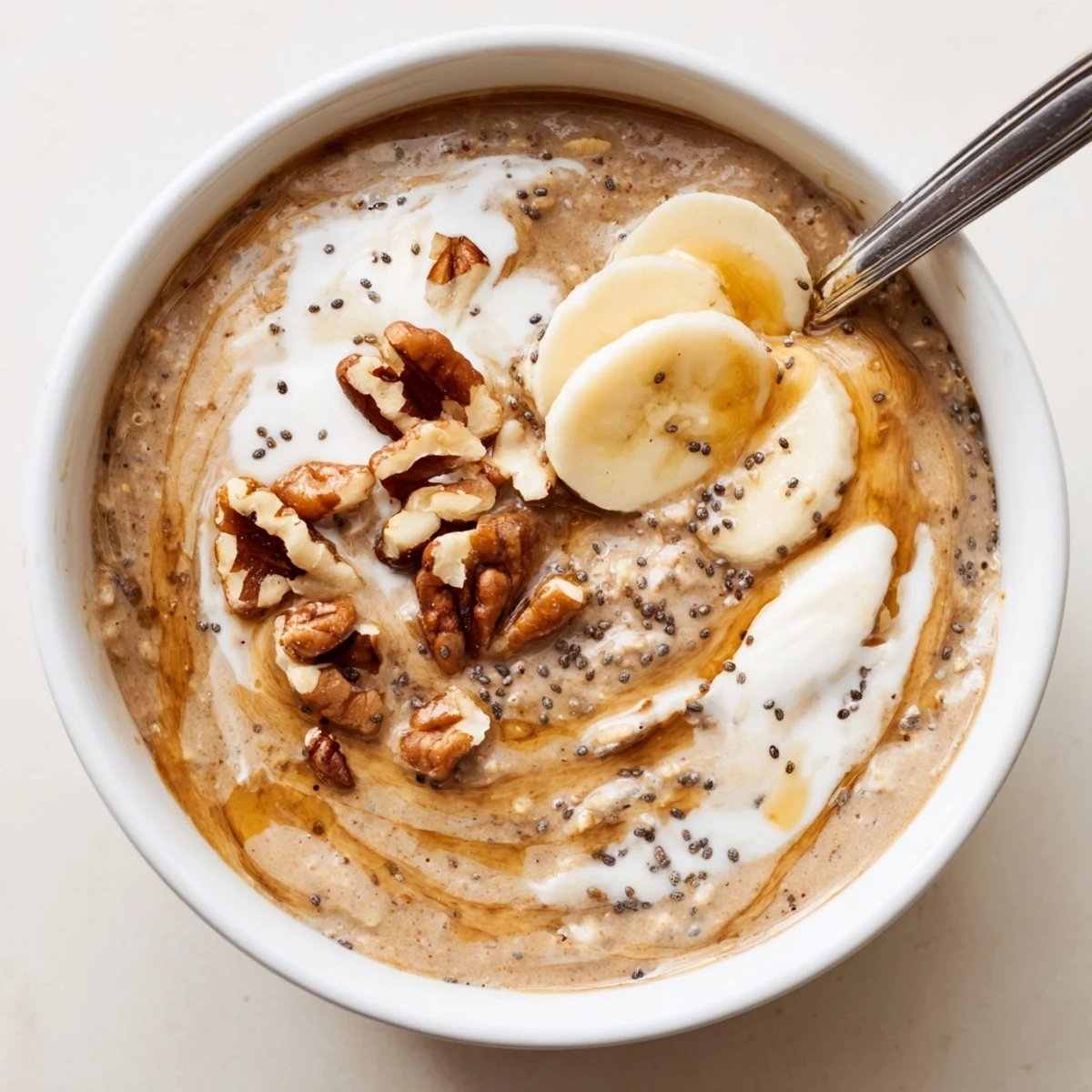 Creamy Brown Sugar Coffee Overnight Oats topped with banana and toasted nuts